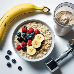 Idealne co jeść przed treningiem crossfit: owsianka z owocami, banan, odżywka białkowa i hantle.
